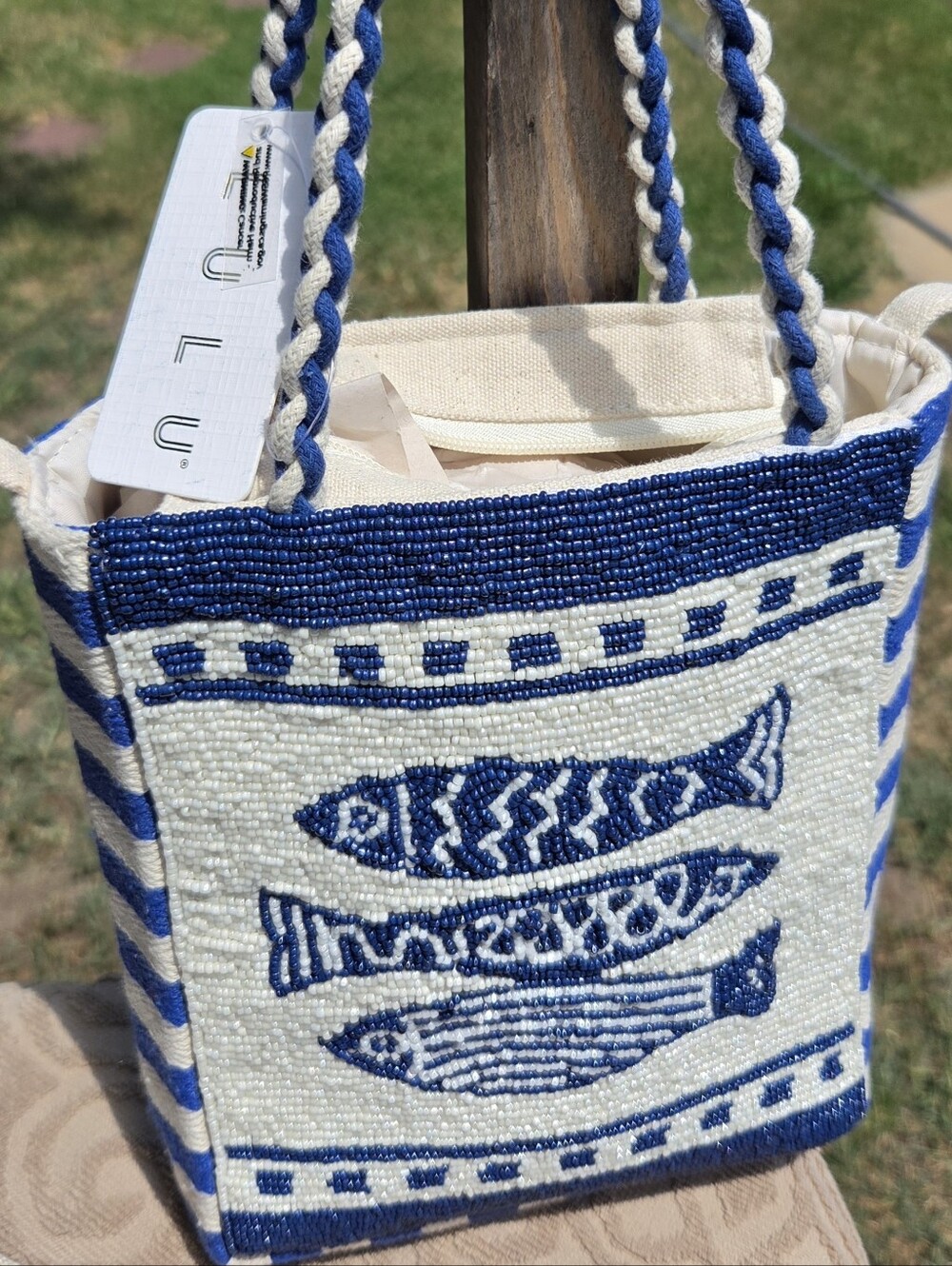 LULU Beaded Blue & Cream Fish Tote Bag